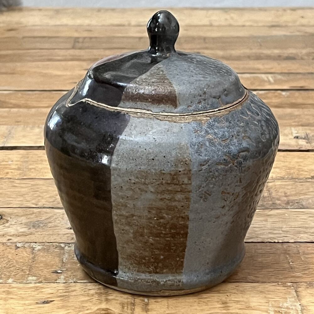 Studio Pottery Stoneware Lidded Jar 6" Textured Multicolor Glaze